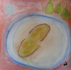 Original watercolor shows pain perdu with carmelized pears on plate.
