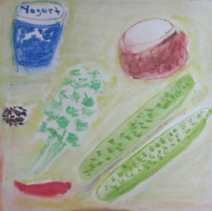 Original watercolor painting shows ingredients for cucumber raita.