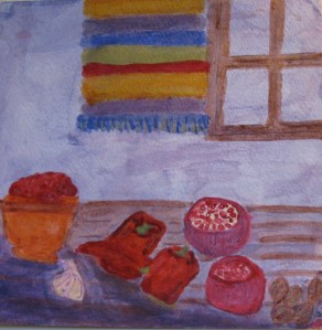 Muhammara Original watercolor painting shows Muhammara and ingredients.