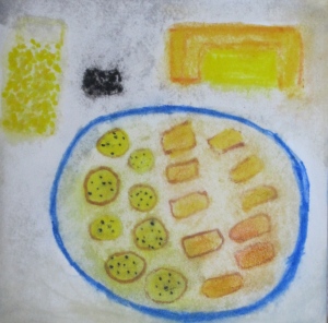 Original painting shows plate of two kinds of crackers, plus ingredients.