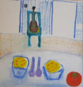 Johnny's Polenta. Watercolor painting of bowls of polenta, tomato, Martin guitar in green chair.
