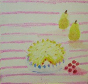 Original watercolor painting shows pear clafouti, dried cranberries, pears.