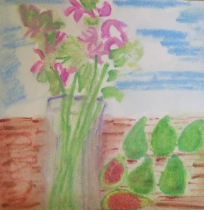 Original watercolor painting shows vase of monardia, green figs.