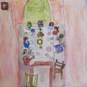 Second Breakfast. Original ink and watercolor painting shows people around breakfast table.