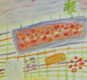 Original watercolor painting shows Greek-style salmon and ingredients.