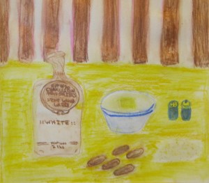 Original watercolor painting depicts bag of grits, pile of grits and bowl of grits.