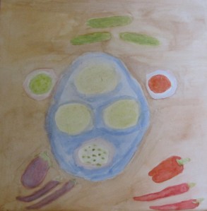 Original watercolor painting shows pita bread, tzatziki, baba ghanoush and muhammara.