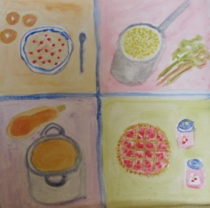 Original watercolor painting shows four cooked dishes: cereal, soup, polenta and pie.
