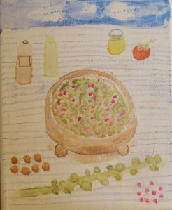 Original painting shows shaved Brussels sprouts salad and ingredients.