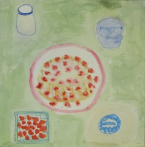 Original watercolor painting depicts biscuit-type strawberry shortcake.