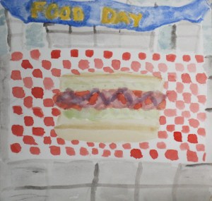 Original watercolor painting of "Dojo Dog" Wushu hot dog.