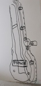 Guitar Case. 5"x 7" Pen and Ink drawing. Sharyn Dimmick