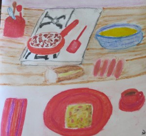 MK's Breakfast Strata. 12" x 12" gouache and watercolor pencil. Sharyn Dimmick.