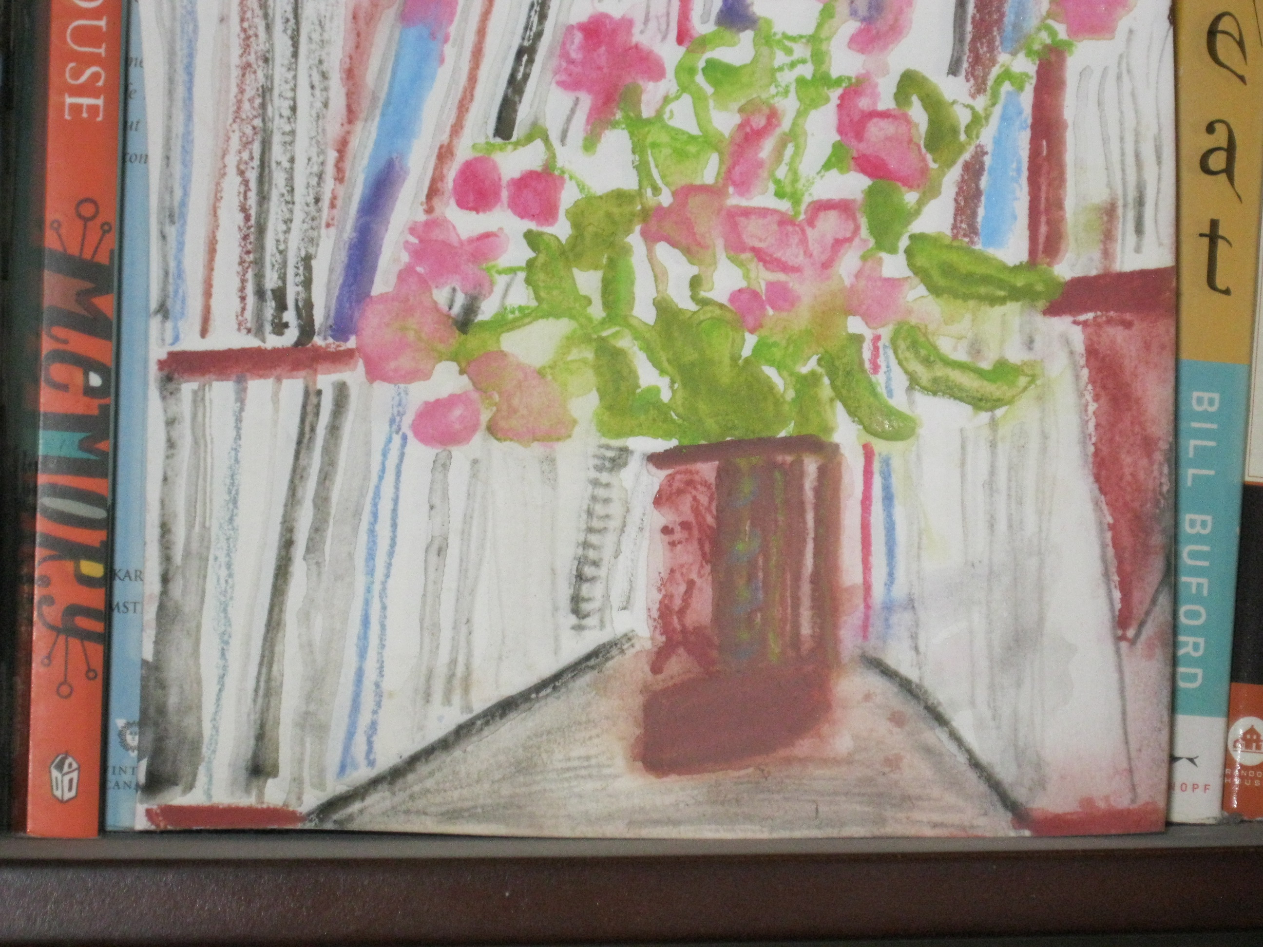 Watercolor painting of sweet peas in vase